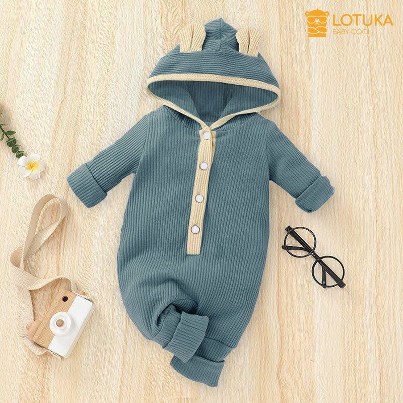Áo Liền Quần Bé Gái, Bé Trai Sơ Sinh LOTUKA Chất Len Tăm, Bodysuit Có Mũ Cho Bé 3-12kg