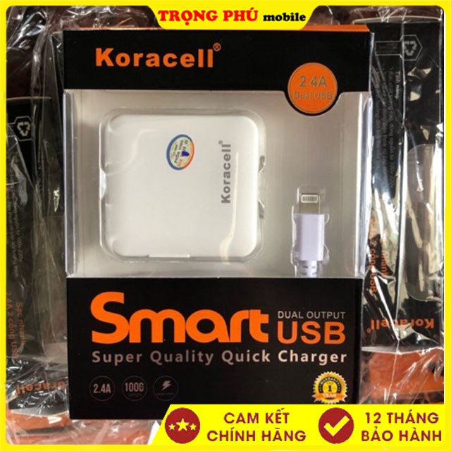 Bộ sạc Koracell 2.4A, Cáp Iphone 5/6/7 (2 cổng USB)