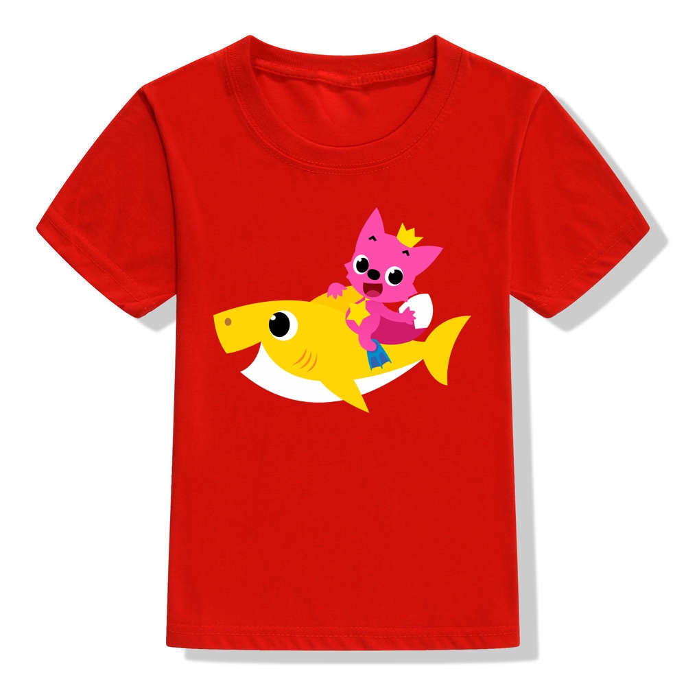 💞Baby shark Áo Thun unisex Tay Ngắn In Hình Cá Mập Màu Hồng Và fong Thời Trang Mùa Hè