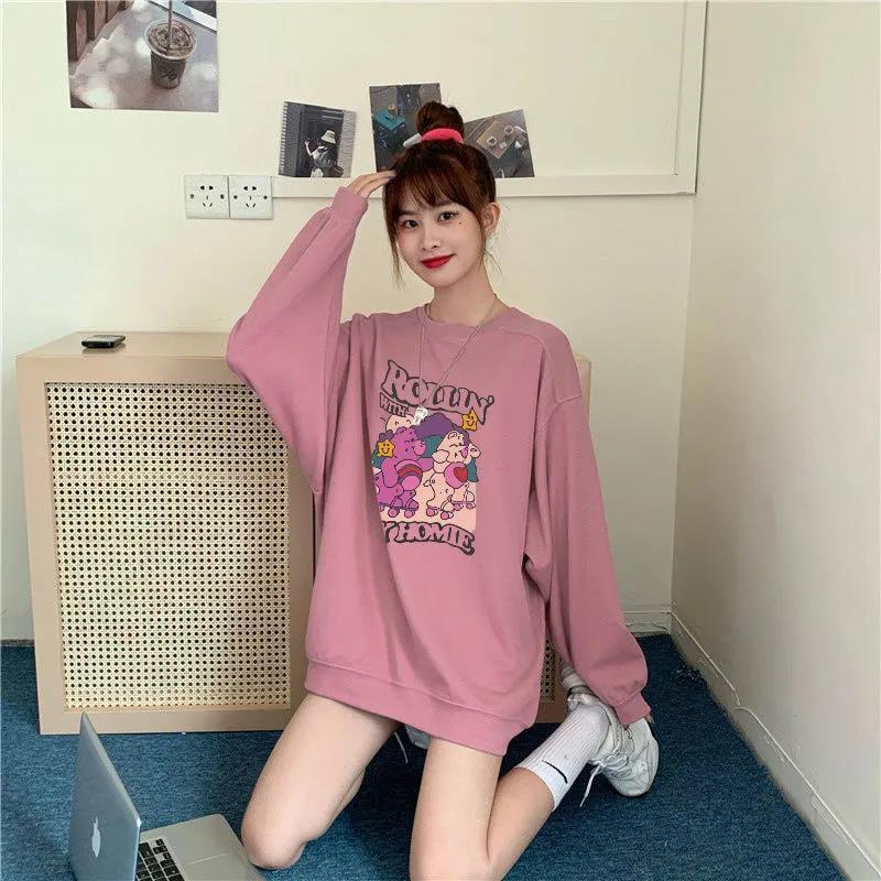 Áo hoodie cổ tròn dáng rộng phong cách retro hàn quốc dành cho nữ