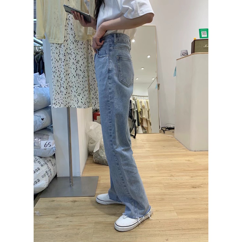 Quần jean nữ cạp cao, ống rộng, rách gấu, không co giãn, Form lớn, màu xanh JEAN - Form dáng Hàn Quốc 2021