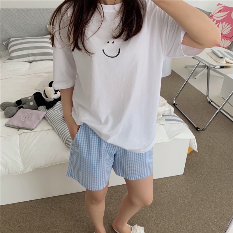 Set Mặt Cười Short Caro Xanh Nữ [FREESHIP]  Bộ ngủ áo thun trắng quần sooc đùi kẻ form rộng Ulzzang