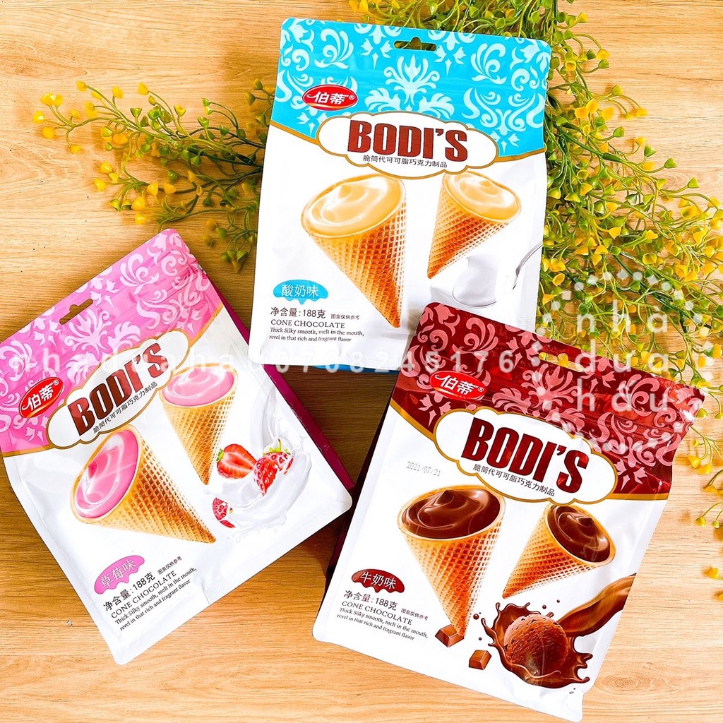 Một gói bánh ốc quế nhân kem sữa vani/ dâu/ socola Bodis Hongkong siêu ngon đầy kem gói lớn 188gam tầm 14 cái