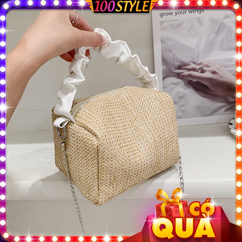 Túi Cói Dáng Hộp Vuông Phối Quai Da Nhún Kiểu Hàn
