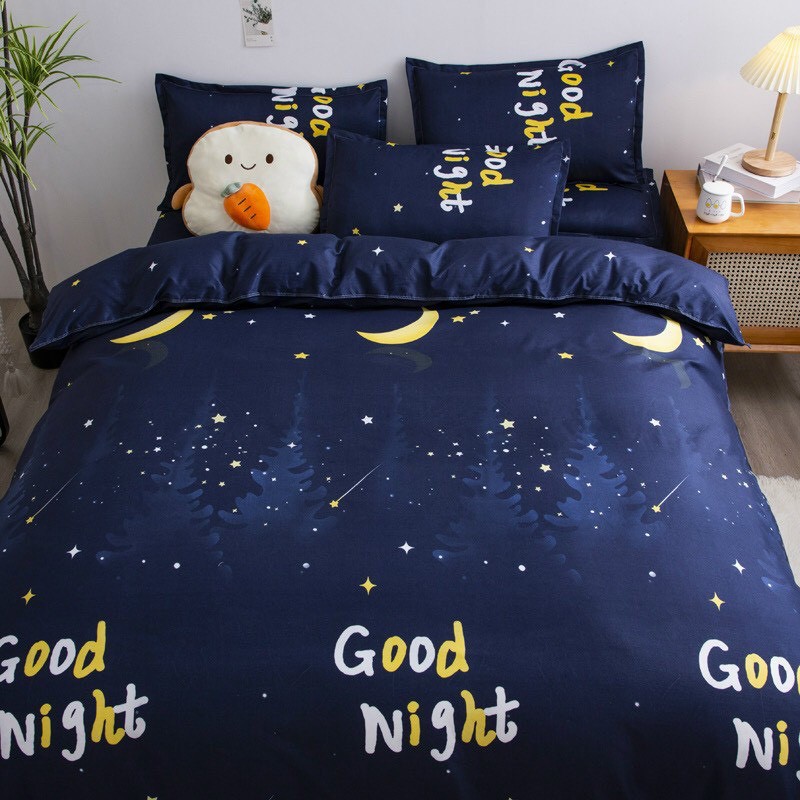 Trọn Bộ 4 Món Chăn Ga Gối Cotton Poly Nhập Mẫu MẶT TRĂNG GOODNIGHT Dành Cho Gia Đình Bạn( đủ kích thước)