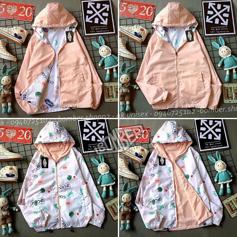 [Ảnh + video thật] Áo khoác dù 2 mặt nữ style cute phối hình in cực đáng yêu (Freesize - 2 mặt)