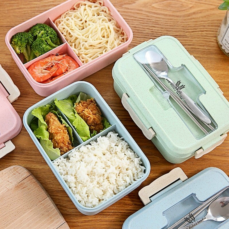 Hộp Đựng Cơm Lúa Mạch 3 Ngăn Văn Phòng Tặng Thìa Và Đũa .Lv