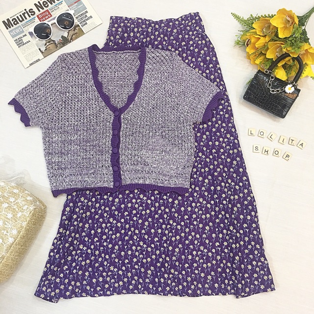 Set áo len + chân váy midi hoa nhí tím
