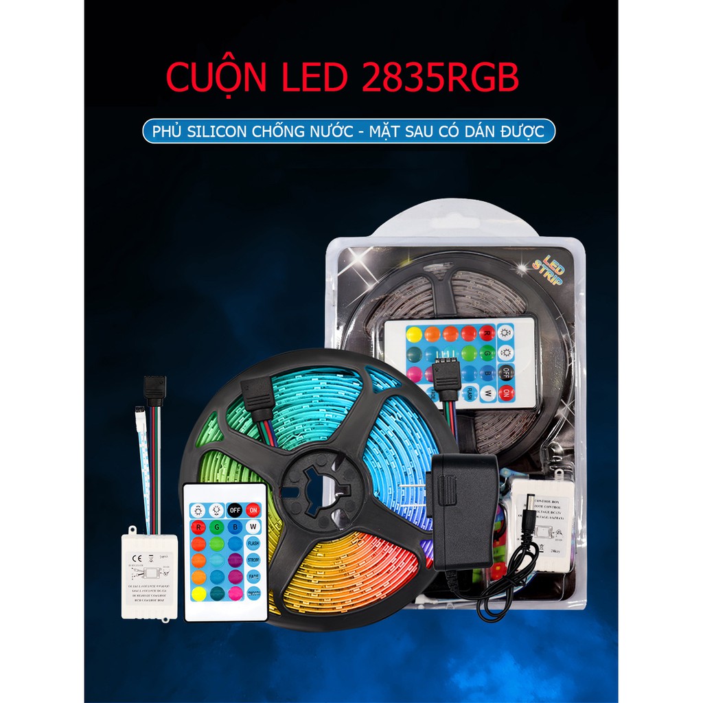 Bộ đèn LED dây dán 5m chip 2835RGB nhiều màu sắc trang trí phủ silicon chống nước (có nhiều lựa chọn)