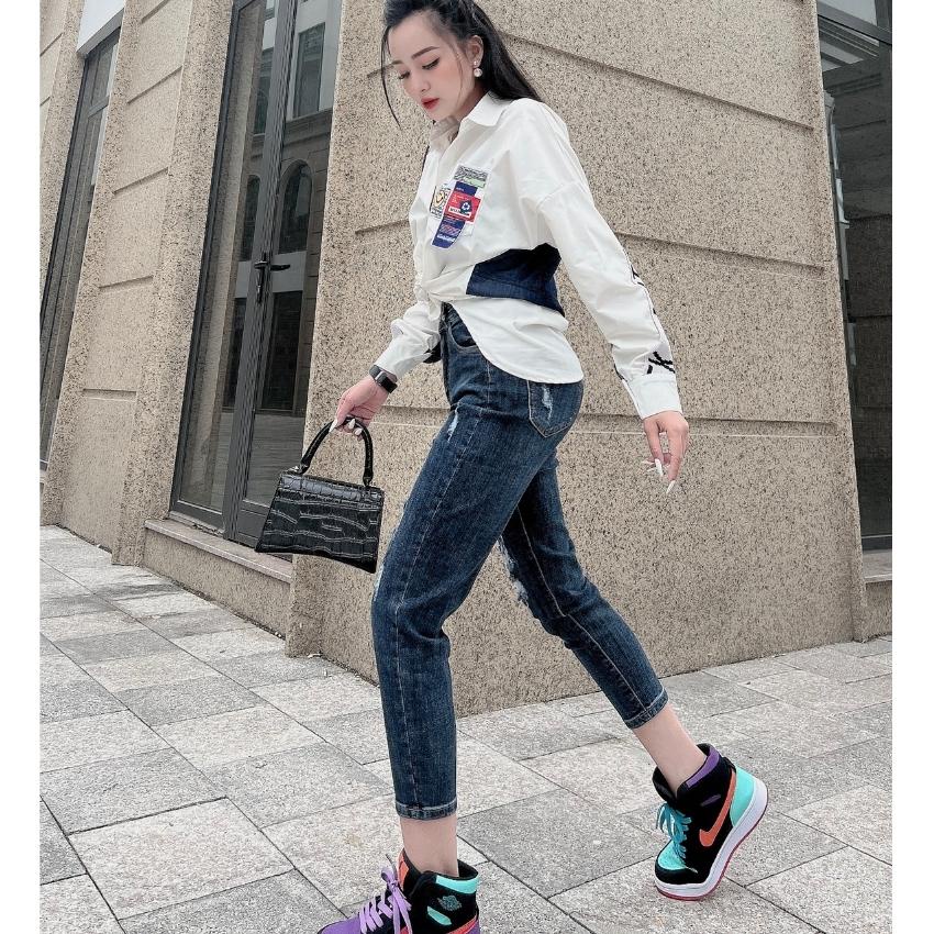 Quần bò baggy nữ JEANNY JEAN rách lưng cao ống ôm chất co giãn màu xám đen 091