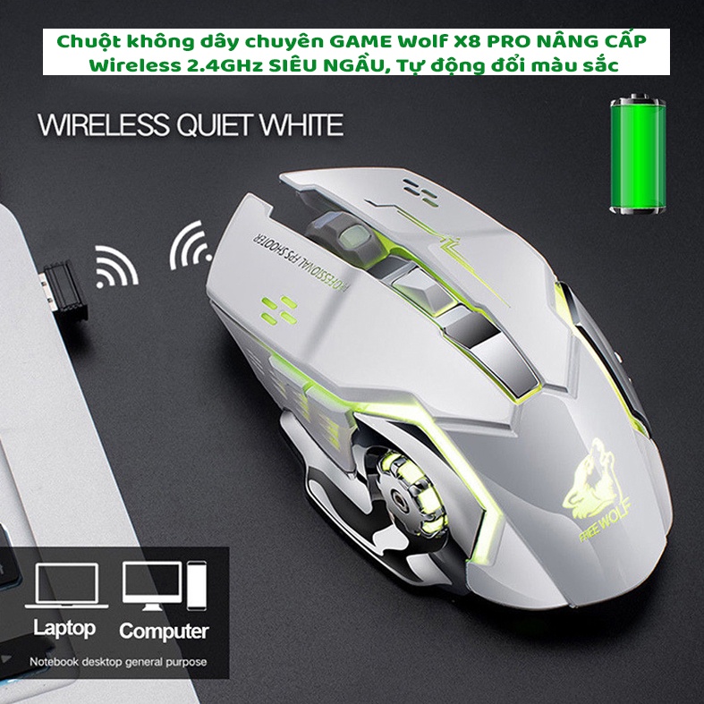 Chuột máy tính, Chuột không dây chuyên GAME Wolf X8 PRO NÂNG CẤP Wireless 2.4GHz Siêu Víp 2021 Tự động đổi màu sắc