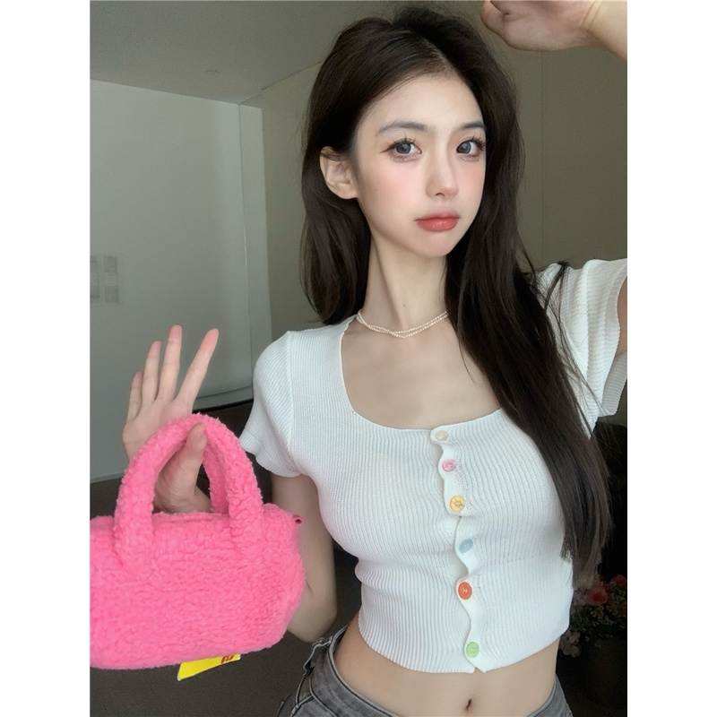 QKOOLE Áo Dệt Kim Tay Ngắn Cổ Vuông Phong Cách Hàn Quốc Cho Nữ 6 Màu Lựa Chọn