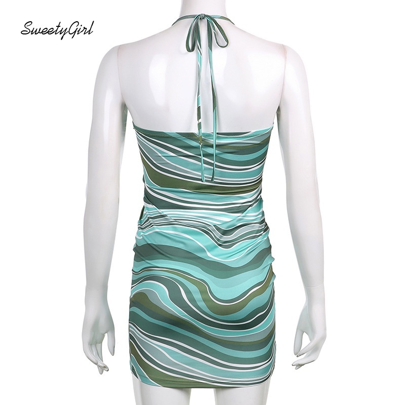 Đầm mini cổ chữ V hở lưng ôm dáng in họa tiết kẻ sọc thời trang cho nữ