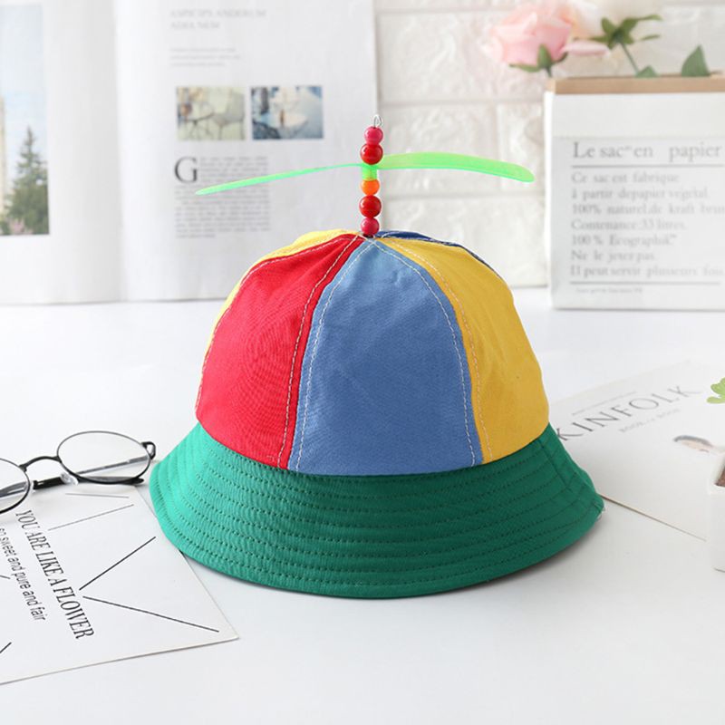 Loner Children Kids Cotton Helicopter Propeller Bucket Cap Color Block Patchwork Dragonfly Beaded Summer Sun Protection Fisherman Hat