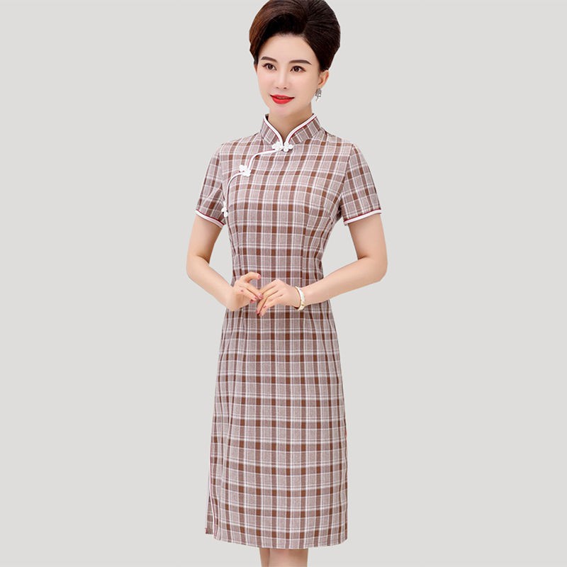 Váy mùa hè cho bà mẹ trung niên mới Trang phục mùa hè cho người trung niên và người cao tuổi, váy sườn xám dài, váy sườn
