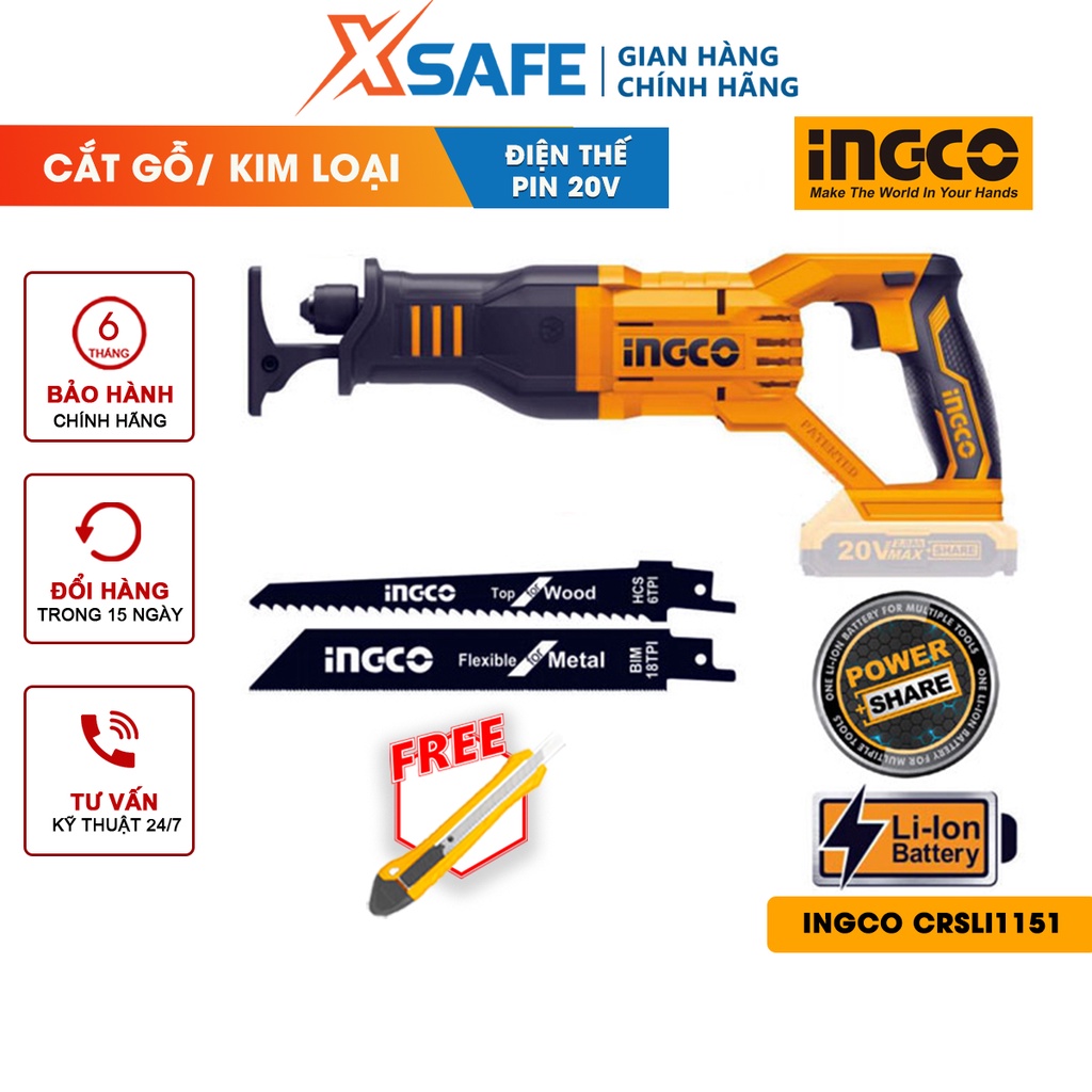 Máy cưa kiếm cầm tay dùng pin 20V INGCO CRSLI1151 tốc độ không tải 3200v/p, khả năng cắt kim loại 8mm