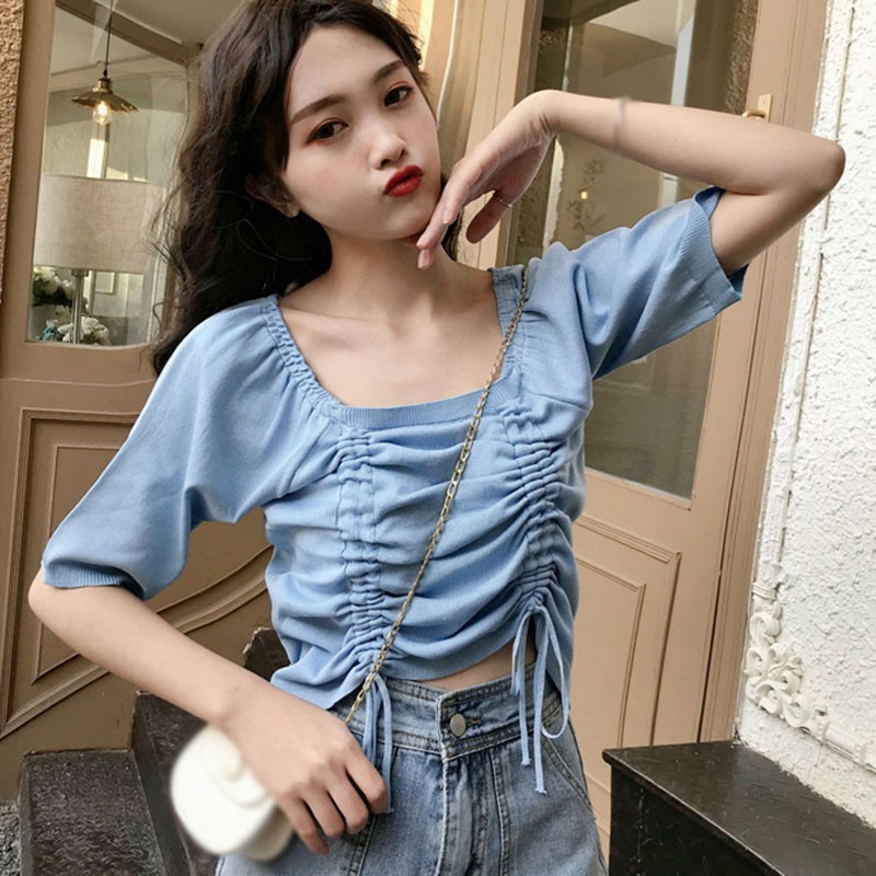 Áo Dệt Kim Tay Ngắn Cổ Vuông Phong Cách Hàn Quốc