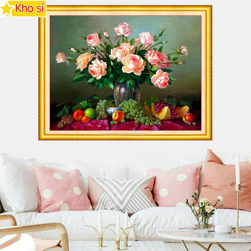 Tranh đính đá khổ nhỏ Bình hoa hồng Lv401 (62x50cm) [KHO SỈ] Tranh chất lượng cao