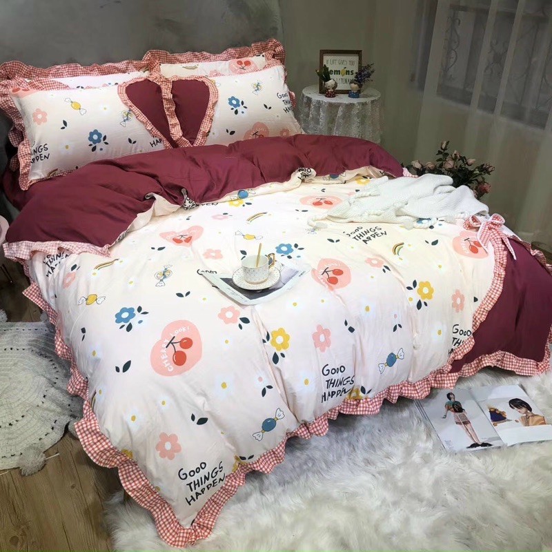 Set Chăn Ga Gối Cotton Hoạt Tính Viền Bèo /Phối Thắt Nơ siêu Kute | BigBuy360 - bigbuy360.vn