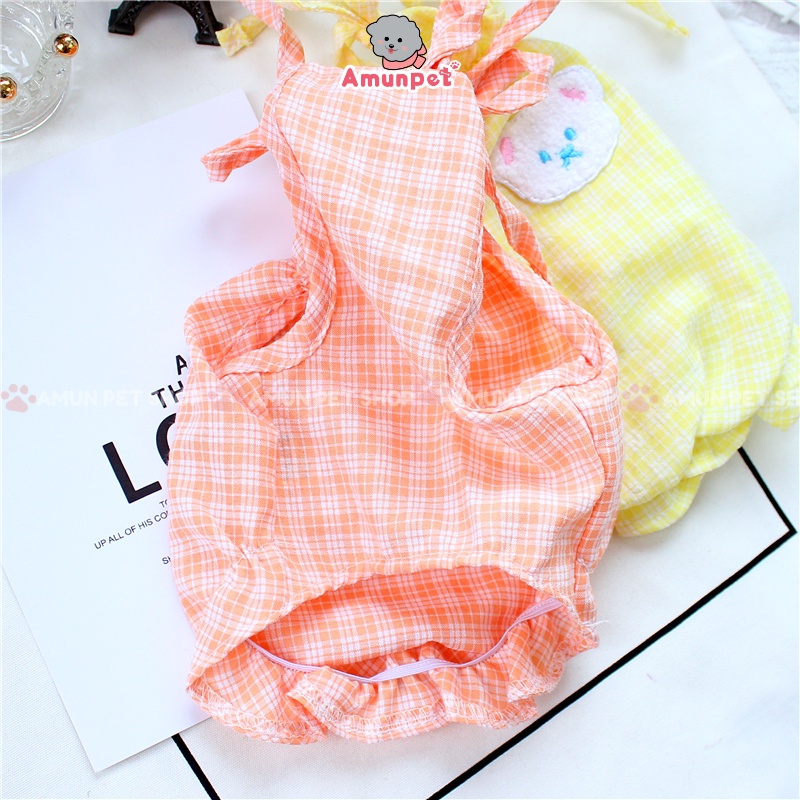 Áo Hai Dây Mùa Hè Cho Chó Mèo Hoạ Tiết Vải Kẻ Caro Hình Mặt Gấu Dễ Thương Thời Trang Thú Cưng Cao Cấp Amun Pet