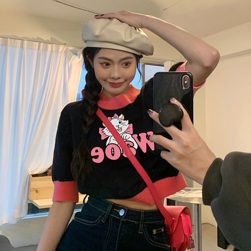 Áo Thun Crop Top Dệt Kim Tay Ngắn In Họa Tiết Mèo Hoạt Hình Đính Nơ Phong Cách Harajuku Cho Nữ