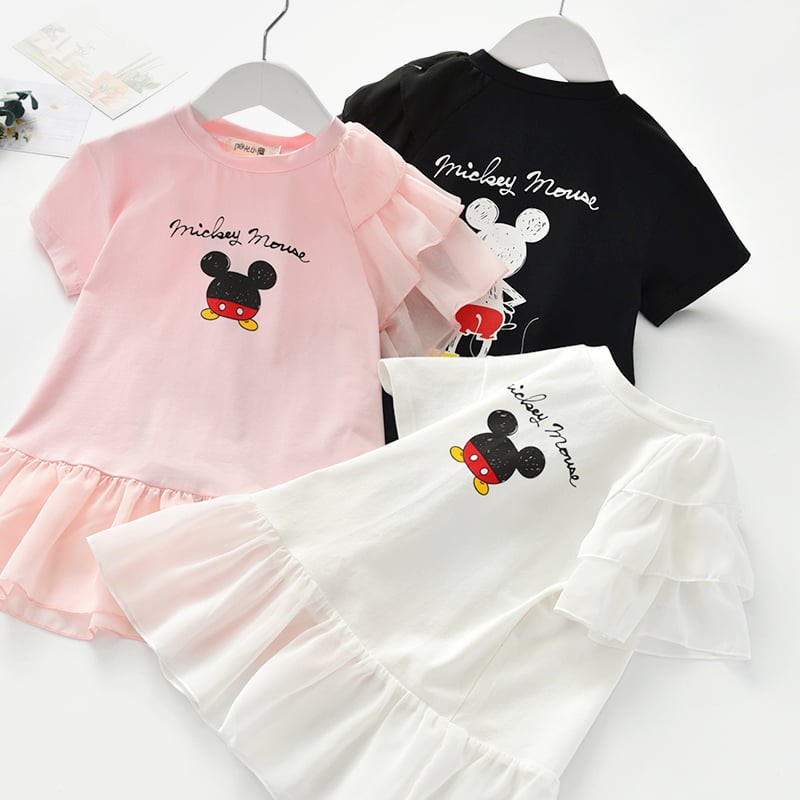 Váy bé gái in Mickey phối voan tay đầm cho bé từ 2 đến 12 tuổi chất cotton, size đại 40kg