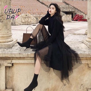 Set Áo Len Dài Tay + Chân Váy Dài Màu Đen Thời Trang Theo Phong Cách Hàn Quốc