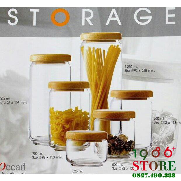 Bô 6 Hũ thủy tinh Ocean nắp gỗ có gioăng cao su 325ml-1000ml
