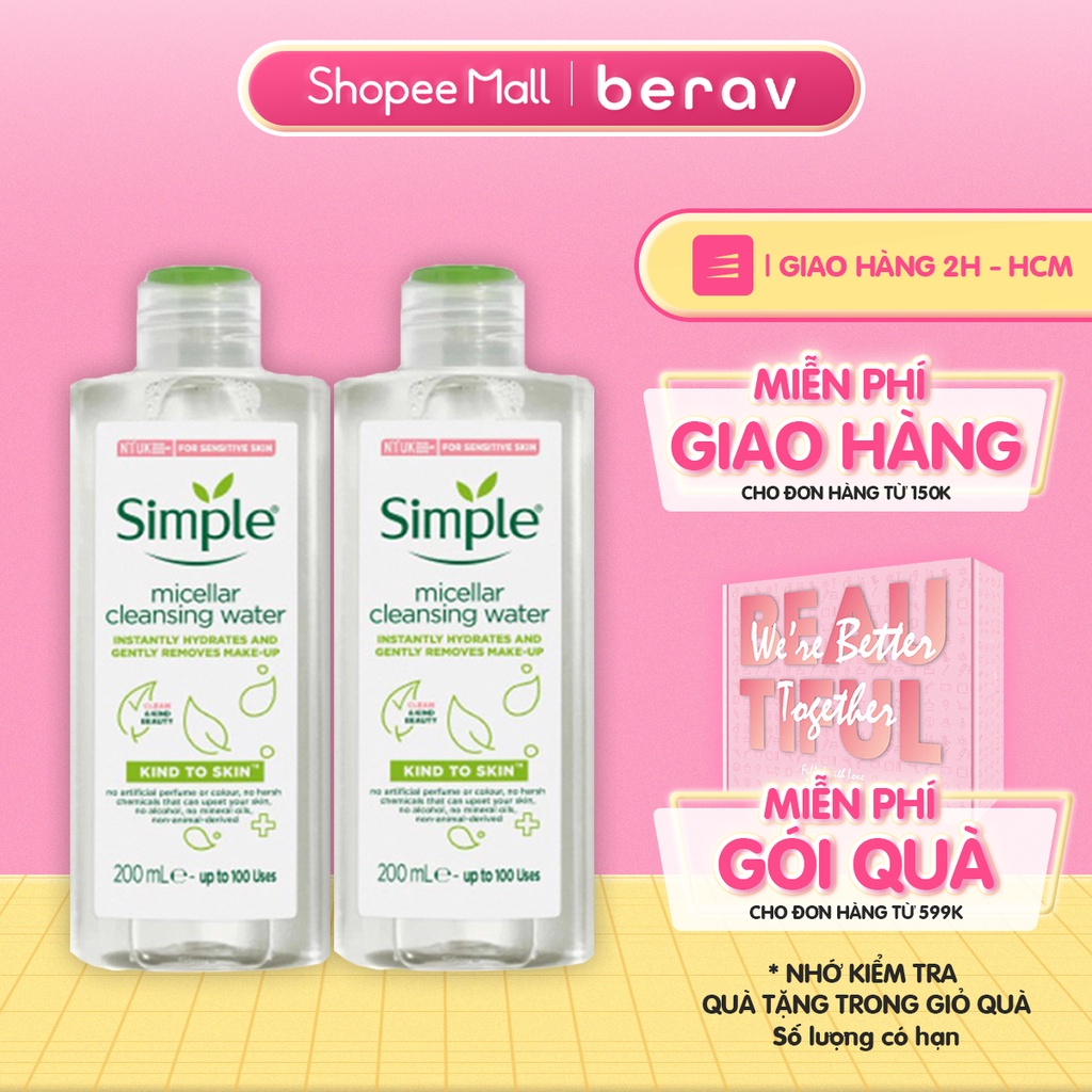 Combo 2 Chai Nước Tẩy Trang Simple Kind To Skin Micellar Water Làm Sạch Sâu Bụi Bẩn 200mlx2