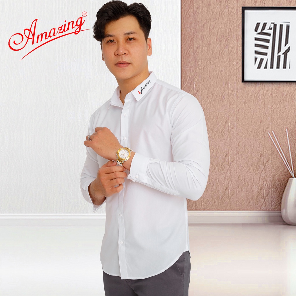 Áo sơ mi thêu logo Amazing, màu đen và trắng thanh lịch, vải bamboo mềm mịn, form body Hàn Quốc tôn dáng