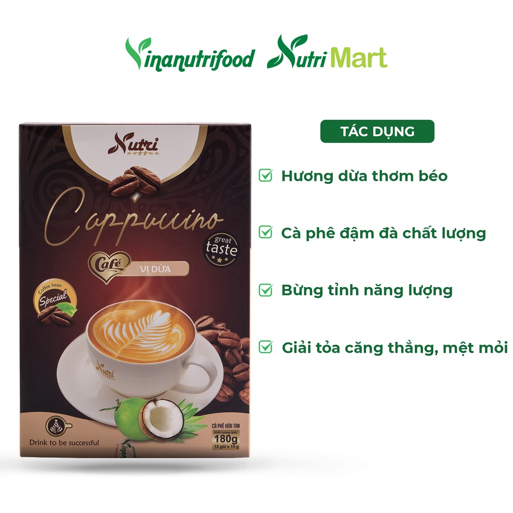 Cà phê capuchino dừa Vinanutrifood C03, Hộp 15g x 12 gói