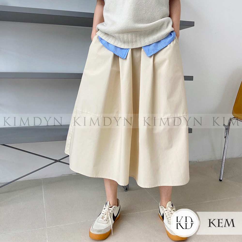 Chân váy midi dáng xoè lưng thun vải trơn mát KimDyn