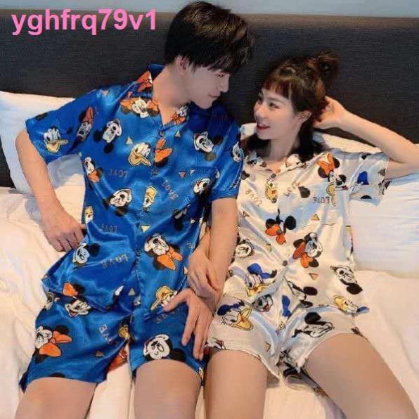 đồ lótQuần lótthời trangCouple pyjama nữ mùa hè băng lụa ngắn tay mỏng phiên bản Hàn Quốc của lưới màu đỏ nam gi ❕