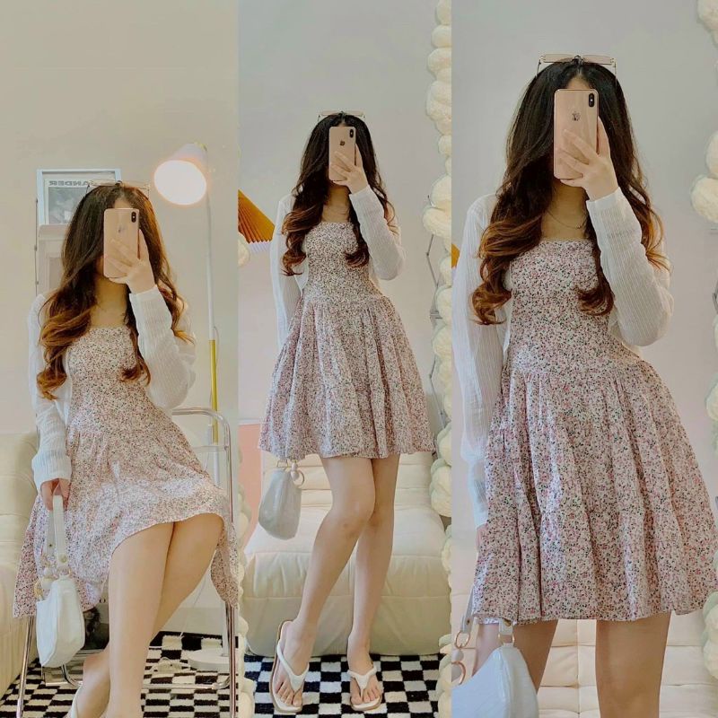 Set váy hoa hai dây phối nút bọc kèm áo khoác crop trắng tay dài