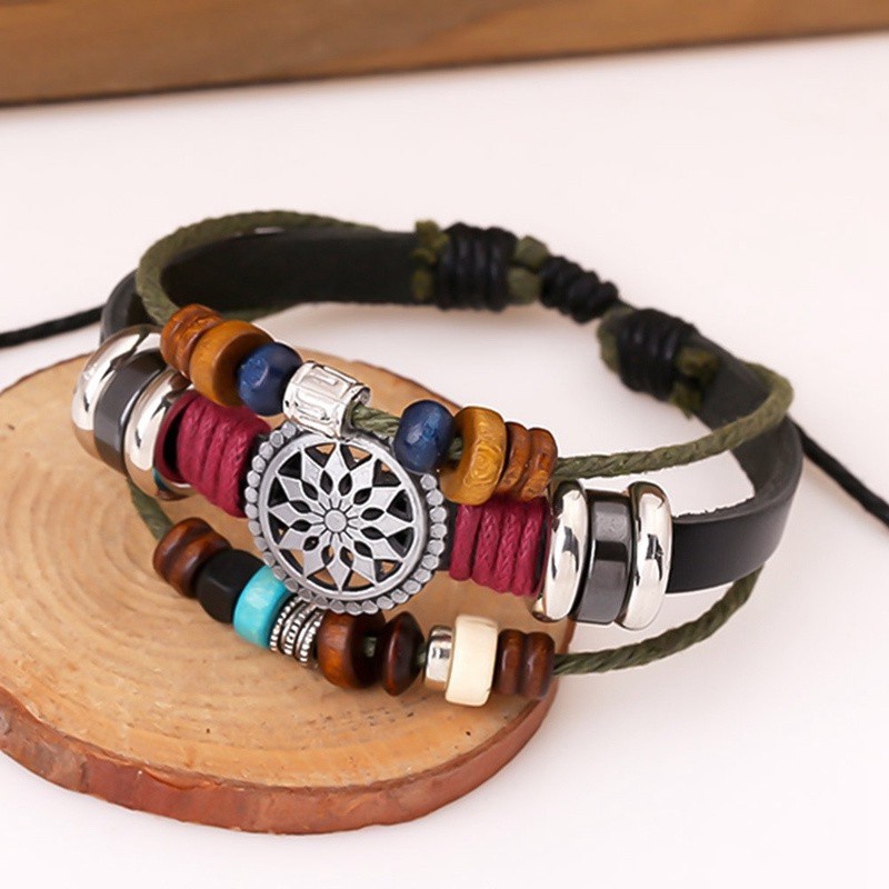 Vòng Tay Da Bò Đính Hạt Phong Cách Bohemian Cổ Điển Thời Trang Cho Nam Và Nữ