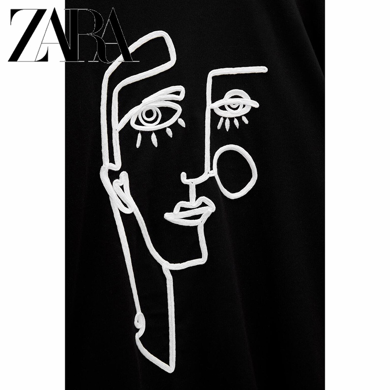 Zara Áo Thun Tay Ngắn Cổ Tròn Thêu Hình Thời Trang Thu Đông Cho Nữ