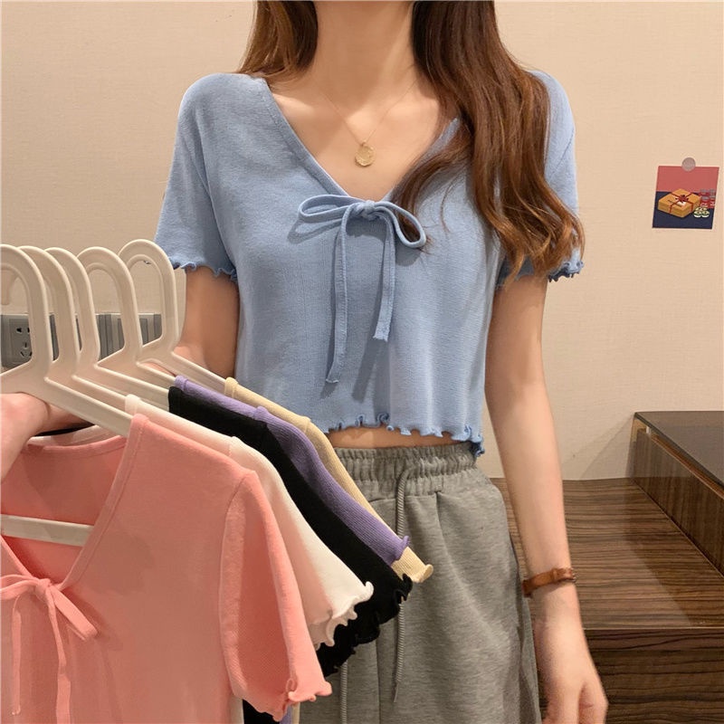 Áo Croptop Tay Ngắn Phối Nơ Màu Xanh Dương JL-TX-279