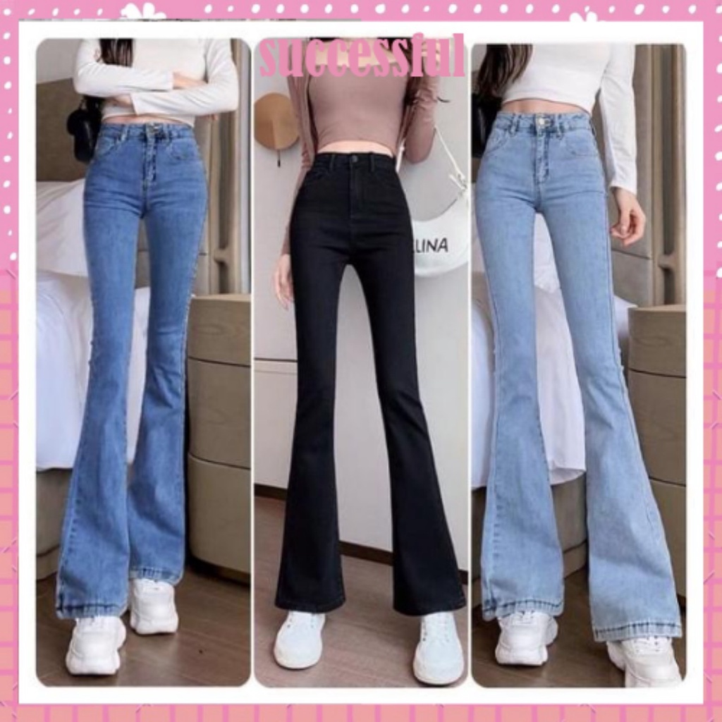 Quần bò jeans nữ ống loe rộng xuông đứng, jeans cạp cao xẻ gấu co dãn 2022