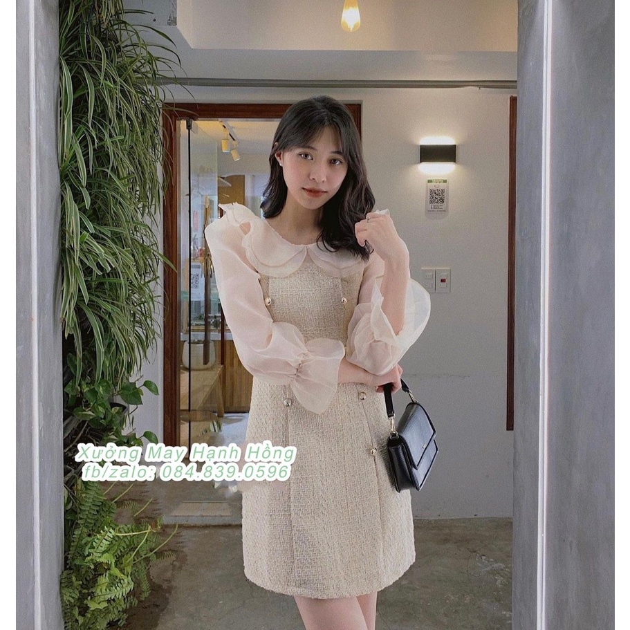 Váy dạ tweed trắng sữa tay bồng cổ bèo tiểu thư - Xưởng May Hạnh Hồng | BigBuy360 - bigbuy360.vn