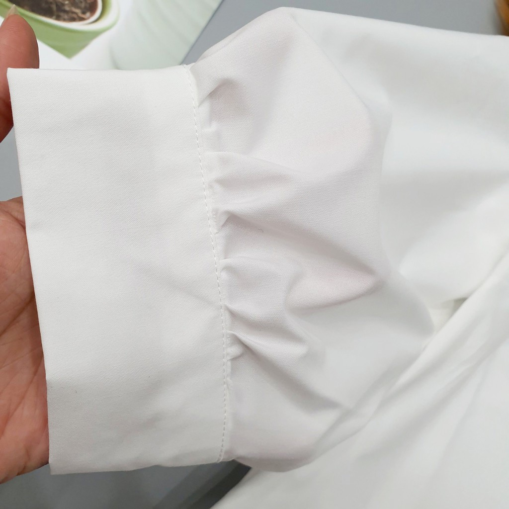 Áo sơ mi nữ trắng tay bồng thiết kế kiểu cổ tàu dáng basic chất mềm mát Wexuu Design-SM11