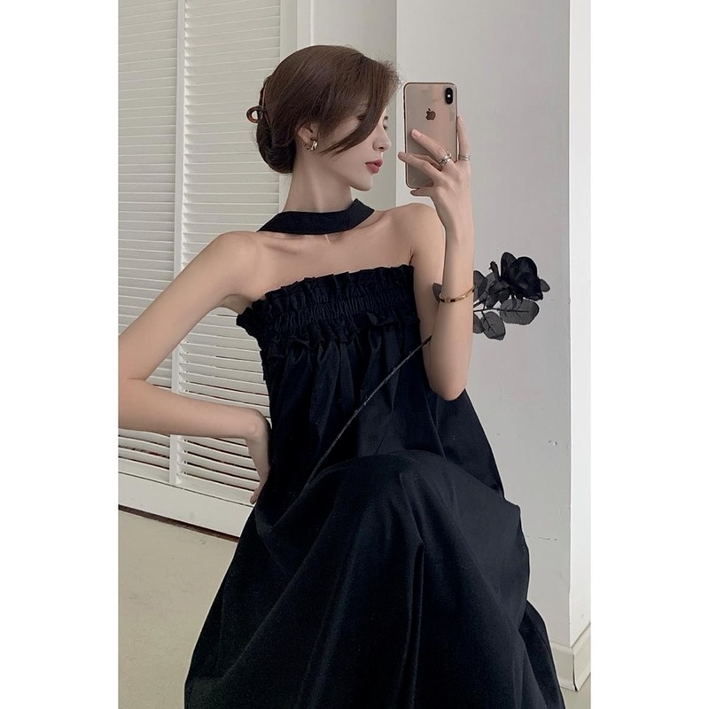 Đầm dài hở lưng màu đen phong cách Retro Hàn Quốc thời trang mùa hè cho nữ
