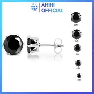 Bông tai nam inox cao cấp đẹp 1 cặp đá tròn đen bấm lỗ tai ahihi.official kích cỡ 3mm 4mm 5mm 6mm 7mm PTBTNA21