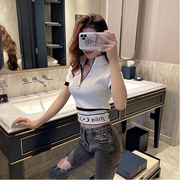 Áo Thun Tay Ngắn Cổ Cao Ôm Dáng Phối Khóa Kéo Thời Trang Mùa Hè Hàn Quốc 2022 Mới Cho Nữ