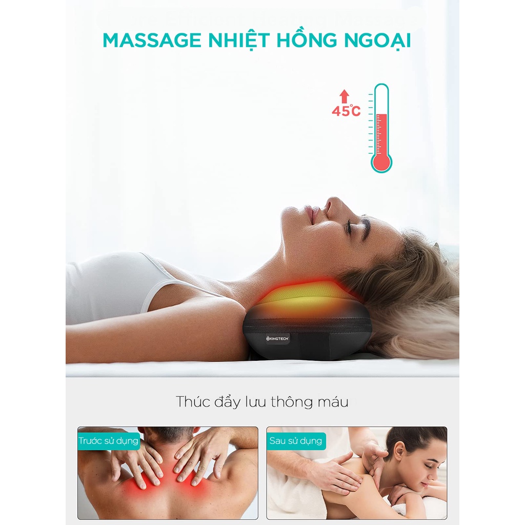 Gối Massage Nhiệt Hồng Ngoại KINGTECH KP-315 - Máy Mát Xa 4 Bóng Xoay - Chuyên Sâu Cổ Vai Gáy, Thắt Lưng - Chính Hãng