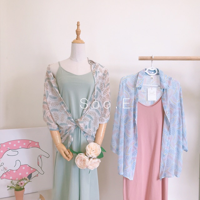Set đầm dây + áo sơmi☘️ (Xanh ngọc, hồng)