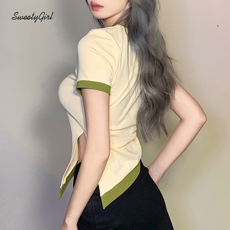 Áo Thun Tay Ngắn Cổ Vuông Thêu Họa Tiết Màu Sắc Tương Phản Quyến Rũ Thời Trang Cho Nữ 2022