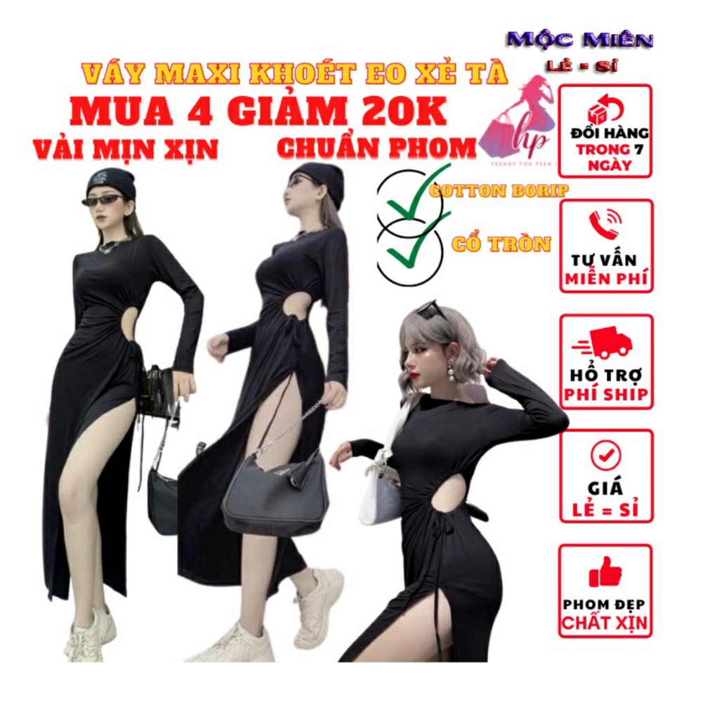 Đầm maxi nữ cực sang chảnh ôm body khoét eo xẻ tà cổ tròn tay dài thun cottton xịn thời trang dự tiệc -VD10.
