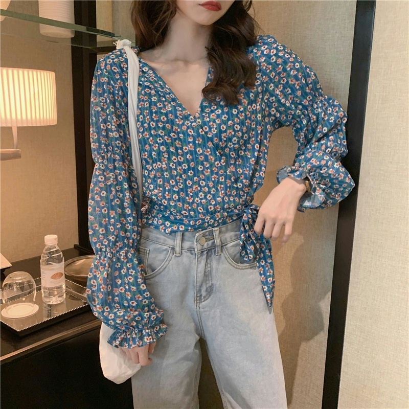 Áo Sơ Mi Tay Dài Cổ Chữ V In Họa Tiết Hoa Phong Cách Hàn Quốc Thời Trang Cho Nữ 21815