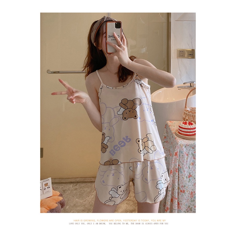 Bộ Đồ Ngủ Áo Hai Dây + Quần Short Dáng Rộng Size Lớn Thời Trang Cho Nữ
