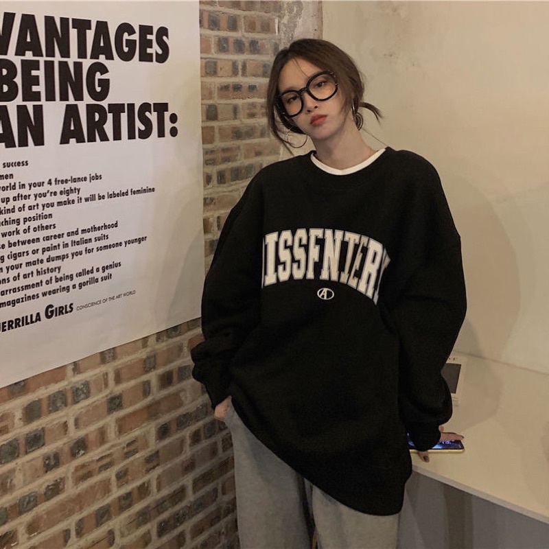 Áo sweater chữ basic lót nỉ bông mềm nam nữ